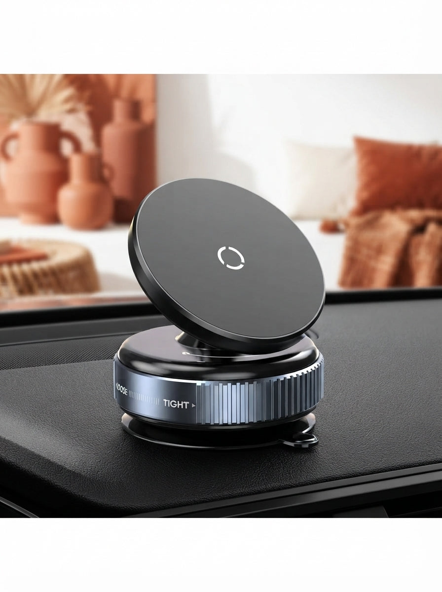 A magnetic smartphone car mount securely attached to a dashboard, highlighting its adjustable ball joint and strong magnetic 